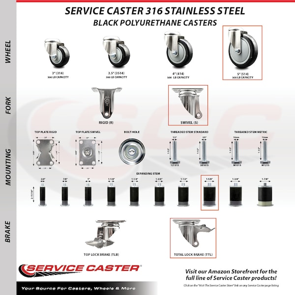 Service Caster 5 Inch 316SS Black Poly Swivel 1-5/8 Inch Expanding Stem Caster Lock Brake, 2PK SS316TTLEX20S514-PPUB-BLK-2-S-2-158 - main